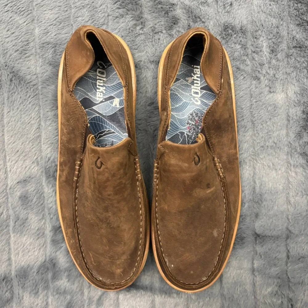 OluKai Kalia Puki Brown Leather Slip On Loafers Mens 12 Drop-In Heel 10453-6363